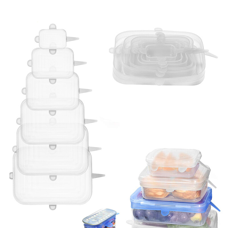 6-dijelni silikonski poklopac koji održava svježinu, kuhinjski brtveni elastični poklopac za višekratnu upotrebu, prozirni četvrtasti brtveni poklopac