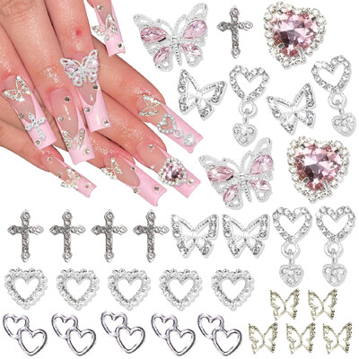 47 ΤΕΜ. 3D Butterfly Nail Charms Silver Cross Nail Art Charms Dangle Heart Charms for Nail Heart Nail Gems Πολυτελή κοσμήματα για νύχια