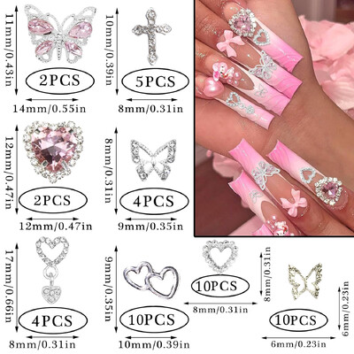 47KOM 3D leptir privjesci za nokte Srebrni križ Nail Art privjesci Viseći privjesci u obliku srca za nokte Dragulji za nokte u obliku srca Luksuzni nakit za nokte