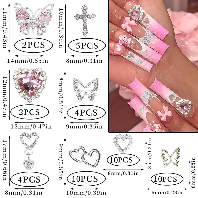47KOM 3D leptir privjesci za nokte Srebrni križ Nail Art privjesci Viseći privjesci u obliku srca za nokte Dragulji za nokte u obliku srca Luksuzni nakit za nokte