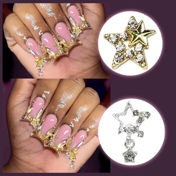 130 τμχ Star Nail Charms για ακρυλικά νύχια Silver and Gold Star Planet Cross Alloy Gems Nail Art Decoration Nail Stones Naile