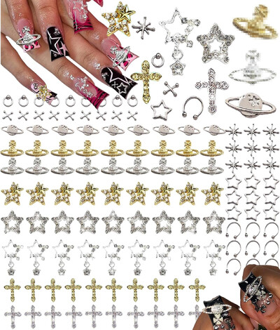 130 τμχ Star Nail Charms για ακρυλικά νύχια Silver and Gold Star Planet Cross Alloy Gems Nail Art Decoration Nail Stones Naile
