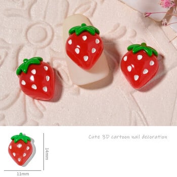 10 τμχ Cartoon Fruit Nail Art Charms 3D Kawaii Pink Flat Back Cabochon Strawberry Nail Art Διακόσμηση Χαριτωμένα DIY αξεσουάρ νυχιών