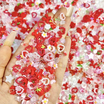 50 τμχ 3D Random Mixed Strawberry Flowers Nail Charms Sweet Red & Pink Nail Art Decoration Αξεσουάρ Μανικιούρ DIY