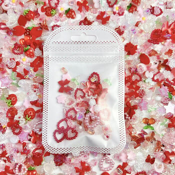 50 τμχ 3D Random Mixed Strawberry Flowers Nail Charms Sweet Red & Pink Nail Art Decoration Αξεσουάρ Μανικιούρ DIY