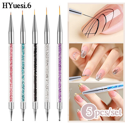 5 τμχ/Σετ 2 σε 1 Βούρτσες Nail Art Liner Dual-Ended With Crystal Handle Professional UV Gel Dotting Painting Drawing Pension DIY Tools