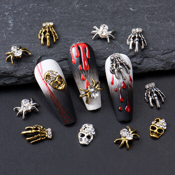 Y2K Halloween Gothic Punk Decor Nail Mixed Gold Silver Spider Skull Head Nail Charms Κράμα στρας για αξεσουάρ μανικιούρ