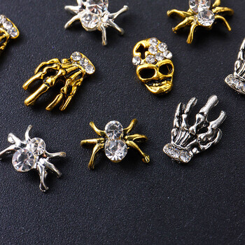 Y2K Halloween Gothic Punk Decor Nail Mixed Gold Silver Spider Skull Head Nail Charms Κράμα στρας για αξεσουάρ μανικιούρ