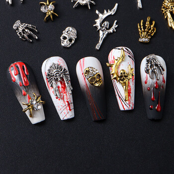 Y2K Halloween Gothic Punk Decor Nail Mixed Gold Silver Spider Skull Head Nail Charms Κράμα στρας για αξεσουάρ μανικιούρ