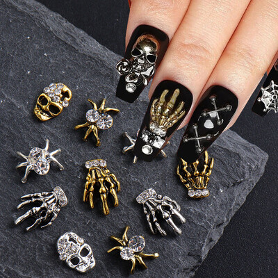 Y2K Halloween Gothic Punk Decor Nail Mixed Gold Silver Spider Skull Head Nail Charms Κράμα στρας για αξεσουάρ μανικιούρ