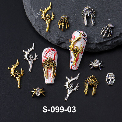 Y2K Halloween Gothic Punk Decor Nail Mixed Gold Silver Spider Skull Head Nail Charms Κράμα στρας για αξεσουάρ μανικιούρ