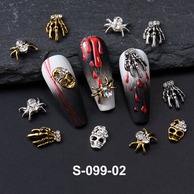 Y2K Halloween Gothic Punk Decor Nail Mixed Gold Silver Spider Skull Head Nail Charms Κράμα στρας για αξεσουάρ μανικιούρ