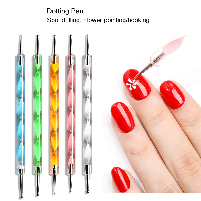 5 vnt/komplektas Nail Art Dotting Pen Dviejų galvučių Nagų dekoravimui Mažas deimantas, Kniedė, Blizgučiai, Spalvotas dažymas, Gėlė su kabliuku