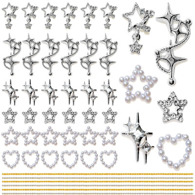 42 τμχ Star Nail Charms για ακρυλικά νύχια 3D ασημί κράμα αστέρια Nail στρας Nail Gems Pentagram Pearl Nail Art