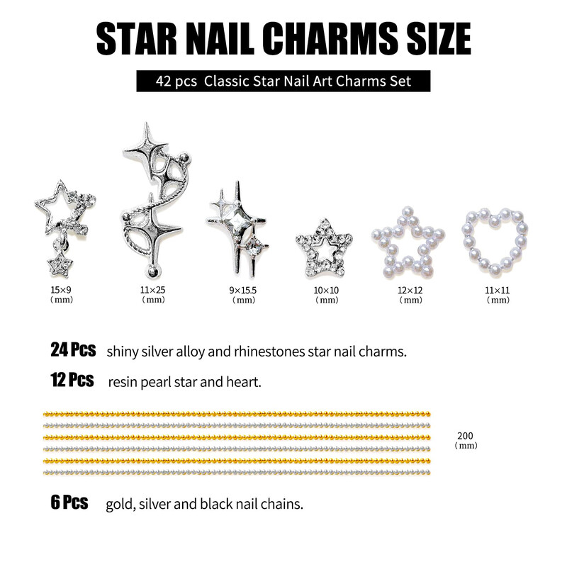 42 τμχ Star Nail Charms για ακρυλικά νύχια 3D ασημί κράμα αστέρια Nail στρας Nail Gems Pentagram Pearl Nail Art