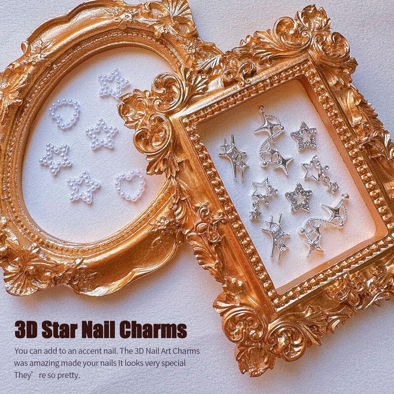 42 τμχ Star Nail Charms για ακρυλικά νύχια 3D ασημί κράμα αστέρια Nail στρας Nail Gems Pentagram Pearl Nail Art