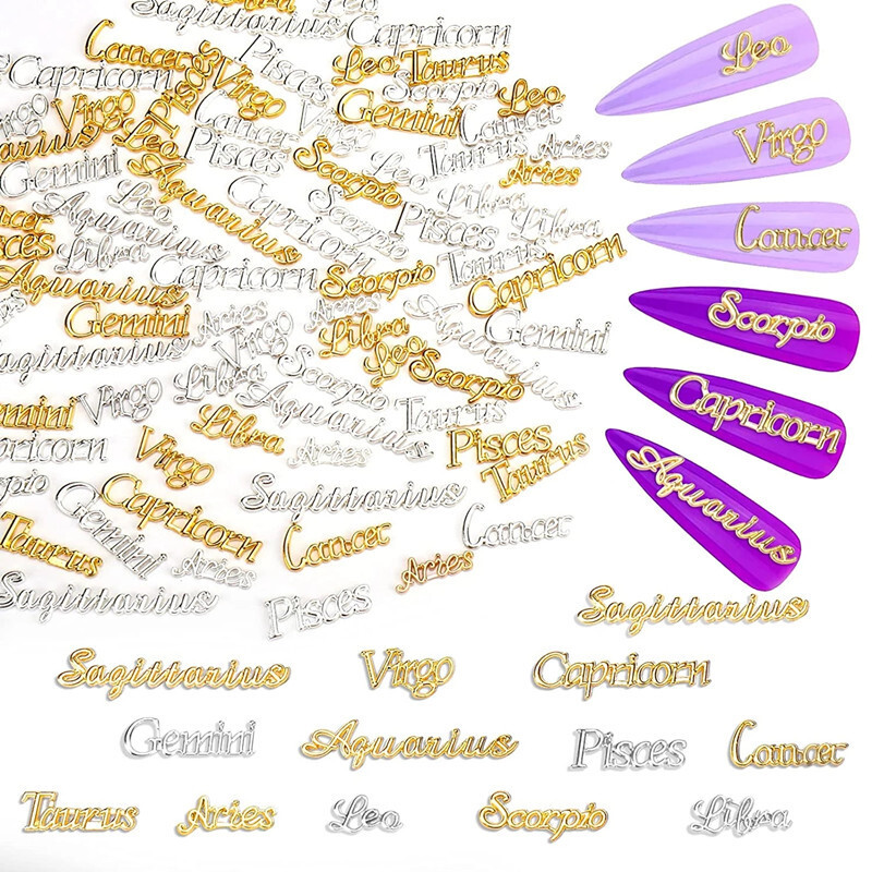 12 Σύμβολο αλφάβητου ζωδιακού κύκλου Χρυσός/Ασημί αστερισμός Γούρι νυχιών 3D κράμα Flatback DIY Αξεσουάρ νυχιών κοσμημάτων