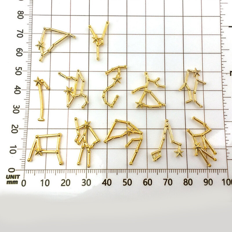 12 Σύμβολο αλφάβητου ζωδιακού κύκλου Χρυσός/Ασημί αστερισμός Γούρι νυχιών 3D κράμα Flatback DIY Αξεσουάρ νυχιών κοσμημάτων