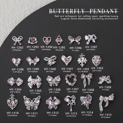 10 bucăți zircon roz Nail Art Charms 3D de lux Arc inimă fluture incrustat diamant roz decorare strasuri DIY piese de manichiură