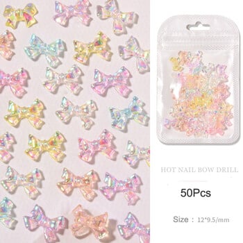 50 τμχ Summer Aurora Fairy Ribbon Bows Nail Art Charm 3D Kawaii Aurora Bear Κορδέλα Bowknot Καρδιά Διακόσμηση νυχιών DIY Κορδέλα νυχιών