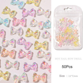 50 τμχ Summer Aurora Fairy Ribbon Bows Nail Art Charm 3D Kawaii Aurora Bear Κορδέλα Bowknot Καρδιά Διακόσμηση νυχιών DIY Κορδέλα νυχιών