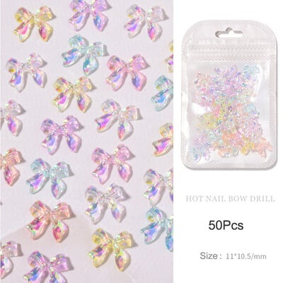 50 бр Summer Aurora Fairy Ribbon Bows Nail Art Charm 3D Kawaii Aurora Bear Ribbon Bowknot Heart Nail Decor Направи си сам части за панделка за нокти