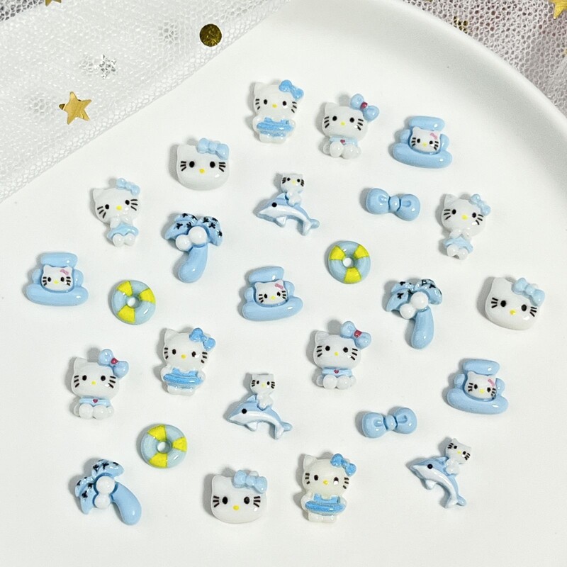 20 τεμ. New Beach Summer Hello Kitty Cartoon Αξεσουάρ νυχιών Μπλε και Λευκοί Κύκλοι κολύμβησης KT Cat Bow DIY Αξεσουάρ
