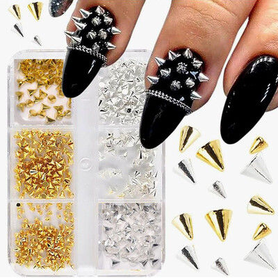 6 rácsos fém szegecs punk körömbűbáj arany/ezüst kúpos tüskés szegecsekkel körömdíszítő ékszerek 1,5/2/3 mm Aolly mini szegecs szegecsekkel köröm kellékek 5