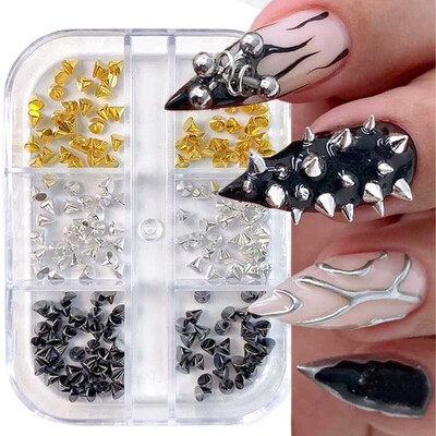 6 Grids Metal Rivet Punk Nail Charm Χρυσό/Ασημί κωνικό καρφιά καρφιά Nail Art Jewels 1,5/2/3mm Aolly Mini Rivet Studs Nail Supplies 5