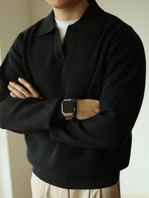 Jesenski ležerni pulover Muške pletene polo majice dugih rukava s otvorenim ovratnikom Majice sa kratkim rukavima Muške vintage majice od pletiva Jednobojne majice