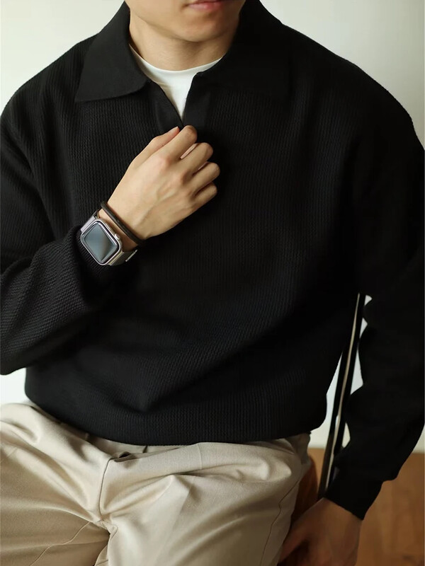 Jesenski ležerni pulover Muške pletene polo majice dugih rukava s otvorenim ovratnikom Majice sa kratkim rukavima Muške vintage majice od pletiva Jednobojne majice