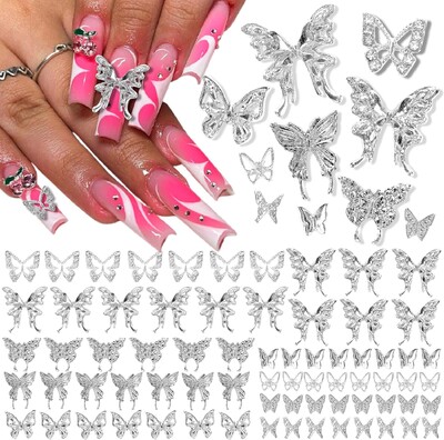 120PCS 3D privjesci za nokte s leptirima Srebrni Y2K dragulji za nokte i kamenčići Nakit s leptirima za nokte za nail art nokte