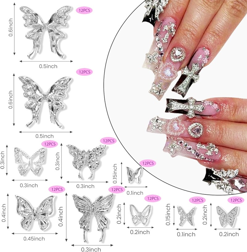 120PCS 3D privjesci za nokte s leptirima Srebrni Y2K dragulji za nokte i kamenčići Nakit s leptirima za nokte za nail art nokte