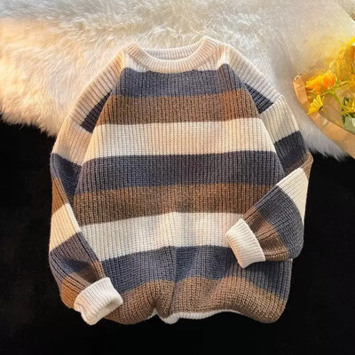 Muški široki pulover s okruglim izrezom, trendovski pleteni top za jesen/zimu, ležerna prugasta pletenina za par