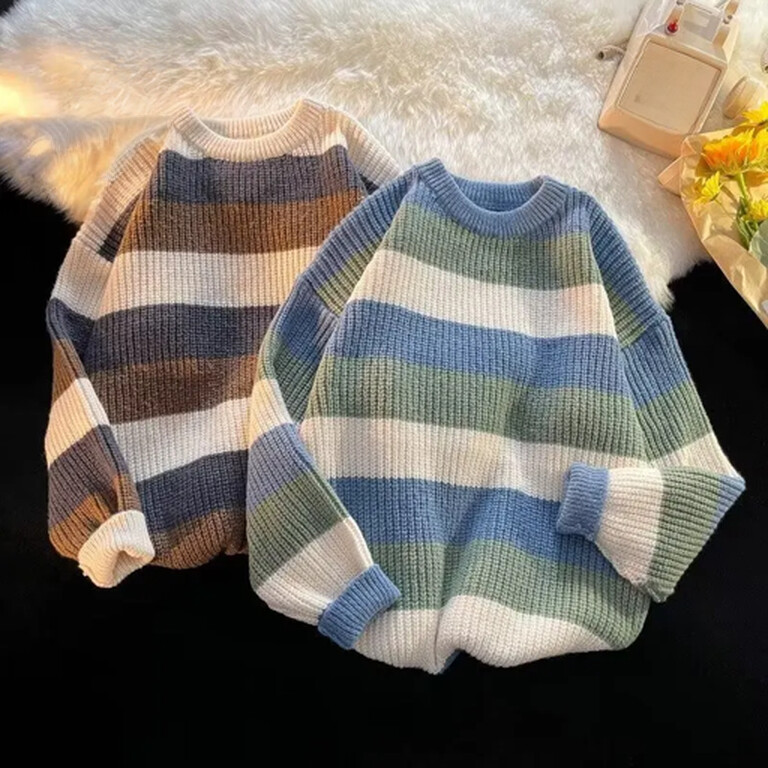 Muški široki pulover s okruglim izrezom, trendovski pleteni top za jesen/zimu, ležerna prugasta pletenina za par