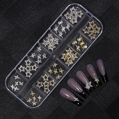 1 kutija Zlatno srebrno svjetlo zvijezda privjesci za nokte Metalik zvijezda Luksuzni nakit za nokte Dragulj Mješoviti 3D ukras za nokte za manikuru
