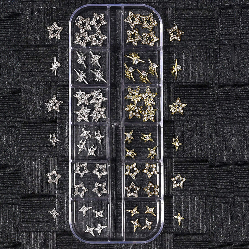 1 kutija Zlatno srebrno svjetlo zvijezda privjesci za nokte Metalik zvijezda Luksuzni nakit za nokte Dragulj Mješoviti 3D ukras za nokte za manikuru