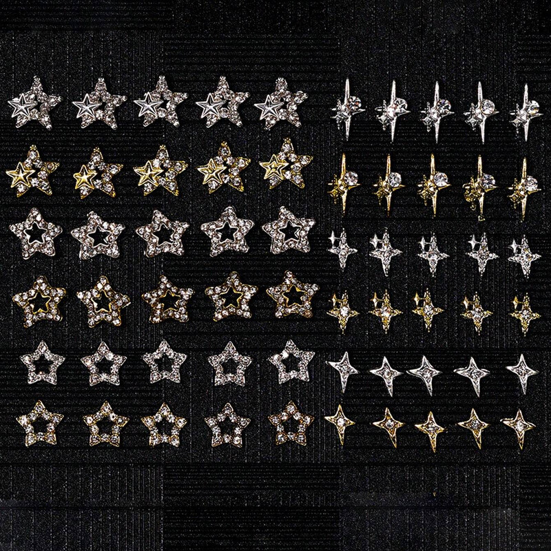 1 kutija Zlatno srebrno svjetlo zvijezda privjesci za nokte Metalik zvijezda Luksuzni nakit za nokte Dragulj Mješoviti 3D ukras za nokte za manikuru