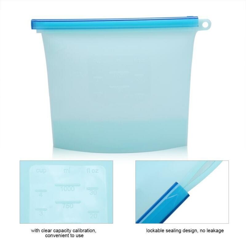 1000ml Επαναχρησιμοποιήσιμη σιλικόνη τσάντα αποθήκευσης κατηγορίας τροφίμων Μεσημεριανό σάντουιτς σνακ Υγρό μεσημεριανό Σακούλες κατάψυξης φρούτων με φερμουάρ 4 χρώματα