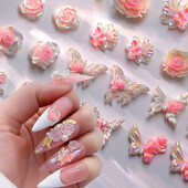 50 τμχ Ροζ Λευκό Λουλούδι με Πεταλούδα Γούρια νυχιών 3D Ρητίνη Kawaii Aurora Camellia Rose Nail Art Διακόσμηση Νυχτερινό Φως DIY Εξάρτημα νυχιών