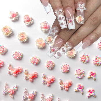 50Pcs Pink White Flower Butterfly Nail Charms 3D Resin Kawaii Aurora Camellia Rose Nail Art Decoration Night Light Направи си сам част от ноктите