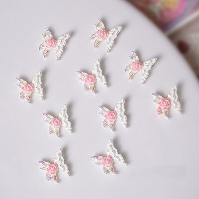 50 τμχ Ροζ Λευκό Λουλούδι με Πεταλούδα Γούρια νυχιών 3D Ρητίνη Kawaii Aurora Camellia Rose Nail Art Διακόσμηση Νυχτερινό Φως DIY Εξάρτημα νυχιών
