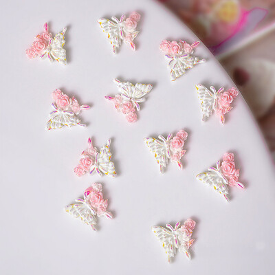 50 τμχ Ροζ Λευκό Λουλούδι με Πεταλούδα Γούρια νυχιών 3D Ρητίνη Kawaii Aurora Camellia Rose Nail Art Διακόσμηση Νυχτερινό Φως DIY Εξάρτημα νυχιών
