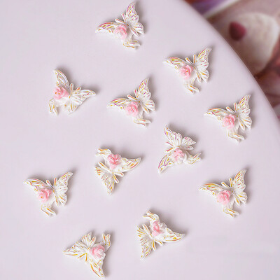 50 τμχ Ροζ Λευκό Λουλούδι με Πεταλούδα Γούρια νυχιών 3D Ρητίνη Kawaii Aurora Camellia Rose Nail Art Διακόσμηση Νυχτερινό Φως DIY Εξάρτημα νυχιών