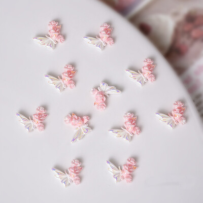 50 τμχ Ροζ Λευκό Λουλούδι με Πεταλούδα Γούρια νυχιών 3D Ρητίνη Kawaii Aurora Camellia Rose Nail Art Διακόσμηση Νυχτερινό Φως DIY Εξάρτημα νυχιών