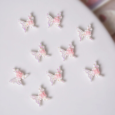50 τμχ Ροζ Λευκό Λουλούδι με Πεταλούδα Γούρια νυχιών 3D Ρητίνη Kawaii Aurora Camellia Rose Nail Art Διακόσμηση Νυχτερινό Φως DIY Εξάρτημα νυχιών