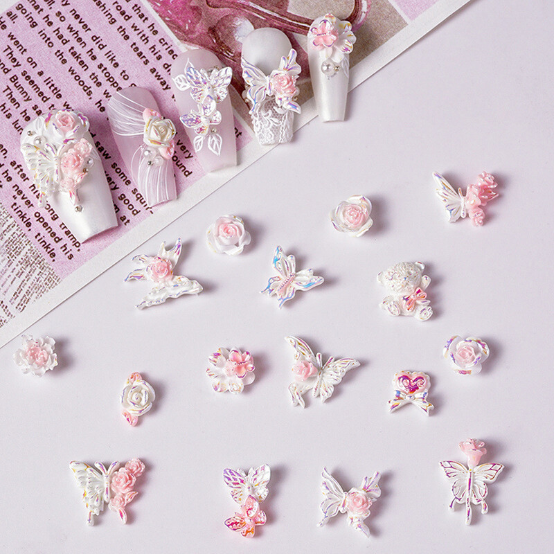 50 τμχ Ροζ Λευκό Λουλούδι με Πεταλούδα Γούρια νυχιών 3D Ρητίνη Kawaii Aurora Camellia Rose Nail Art Διακόσμηση Νυχτερινό Φως DIY Εξάρτημα νυχιών