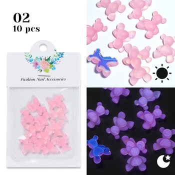 10Pc Glow In The Dark Candy Kawaii Pink Bear Nail Charms Διακόσμηση Macaron Luminous Acrylic Rhinestone Parts Nail Art Supplies