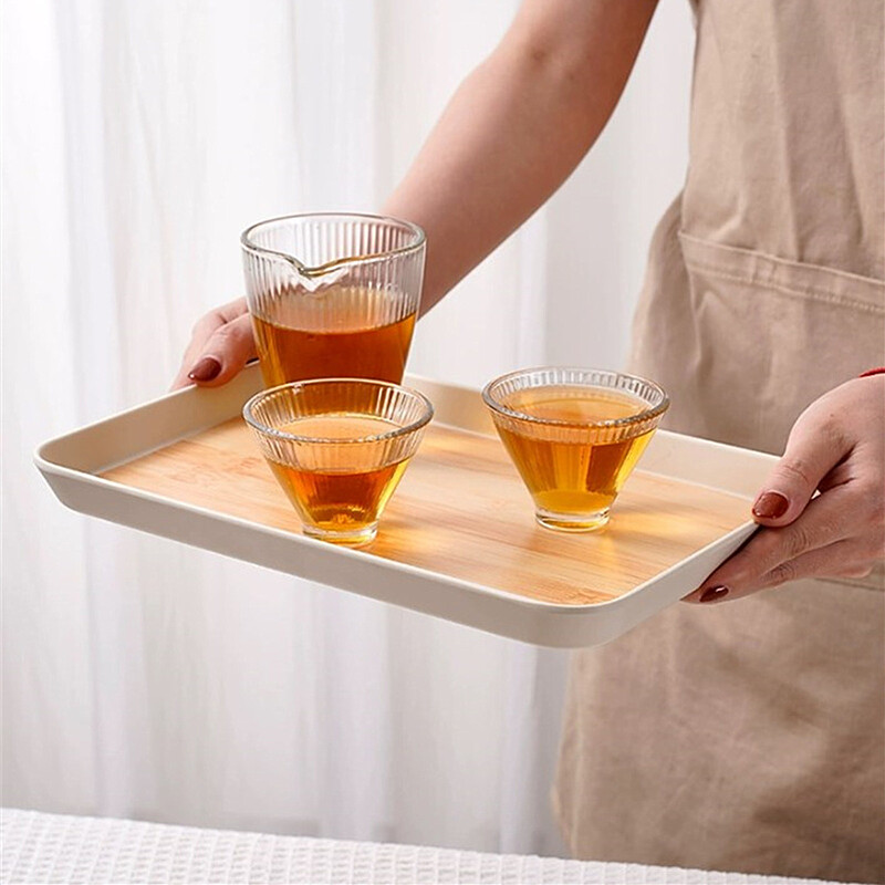 Δίσκος αποθήκευσης με μοτίβο μπαμπού απομίμησης PP Ιαπωνικού στιλ Ορθογώνιο παχύρρευστο πιάτο τσαγιέρα Πολυλειτουργικά εργαλεία αποθήκευσης κουζίνας