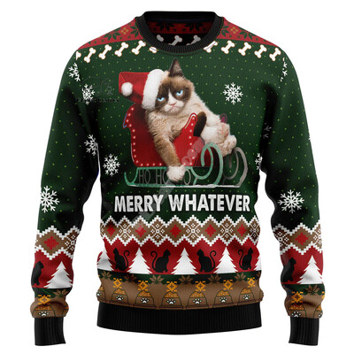 Xmas Santa Claus Cat Animal Colorful Tattoo Retro 3DPprint Funny Christmas Ugly πλεκτό πουλόβερ Harajuku Casual μακρυμάνικα X18